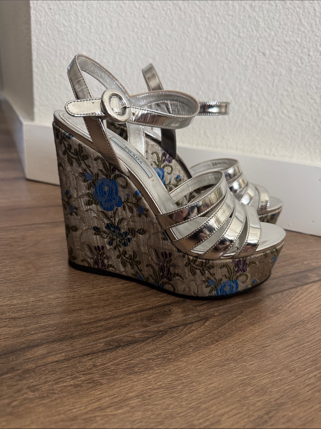 Prada Silver Strappy Floral-Embroidered Wedge Sandals